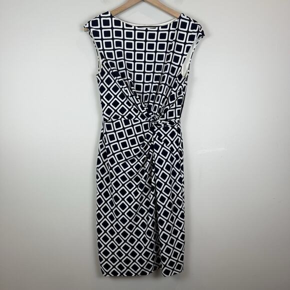 Ralph Lauren Twist Front Sheath Dress Womens 10P Blue White Diamond Print Career - Picture 1 of 8